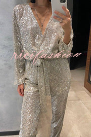 Cheers To You Sequin Long Sleeve Belted Wrap Loose Jumpsuit