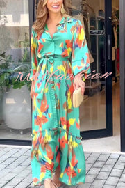 Multicolor Printed Lapel Balloon Sleeves Tie-waist Maxi Dress