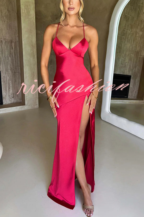 Satin Solid Color Sexy Backless Lace Up High Slit Maxi Dress