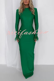 Solid Color Round Neck Ostrich Feather Long Sleeve Slim Maxi Dress