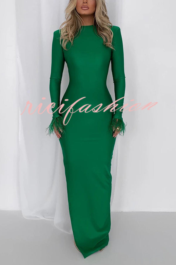 Solid Color Round Neck Ostrich Feather Long Sleeve Slim Maxi Dress