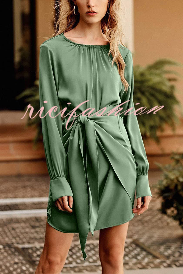 Satin Round Neck Long Sleeve Elastic Tie Mini Dress