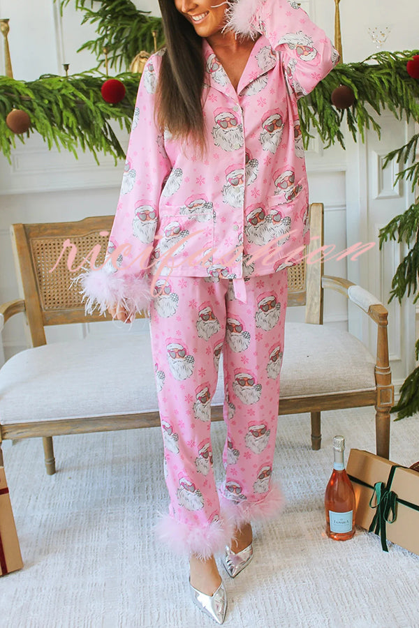 Christmas Besties Party Printed Feather Trim Elastic Waist Pocketed Pajama Set