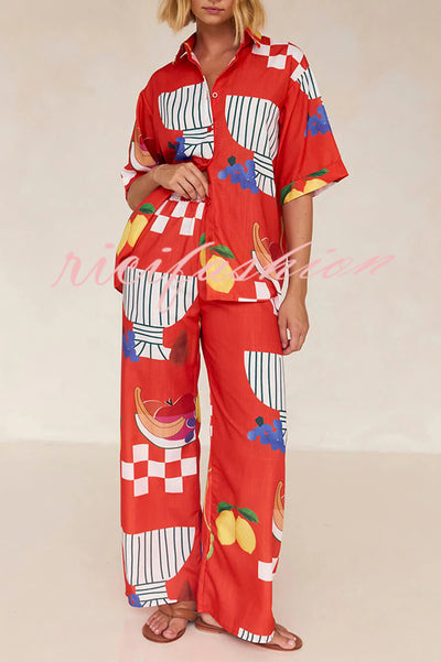 Unique Printed Casual Shirt and Elastic Waist Pants Set