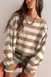 Striped Print Crew Neck Long Sleeve Loose Knitted Sweater