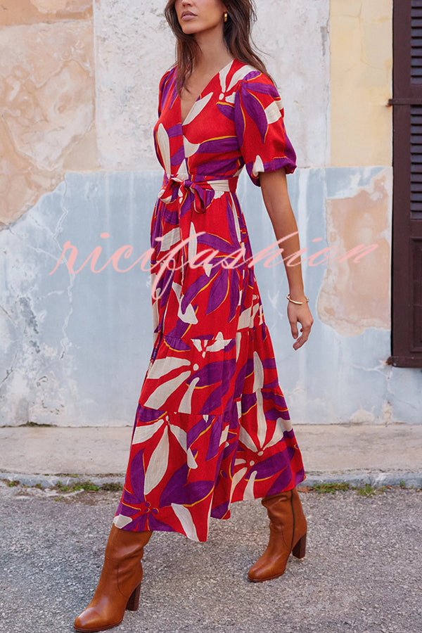 Unique Printed Waist Lace Up Slit Maxi Dress