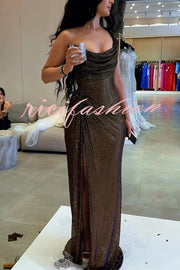 Glitzy Gala Glitter Fabric One Shoulder Ruched Slit Maxi Dress