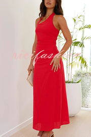 Solid Color Sleeveless Halter Neck Backless Slim Fit Maxi Dress