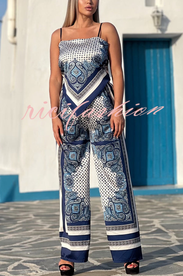 Unique Printed Sling Backless Strappy Top and Elastic Waisted Loose Pants Set