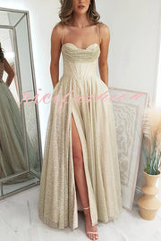 Cinderella Glitter Tulle Fabric Cowl Neck Back Lace-up Pocketed Slit Maxi Dress