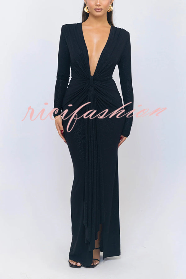 Solid Color Shiny Sexy V-neck Long Sleeve Ribbon Slit Slim Fit Maxi Dress