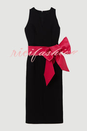 Clean Tailored Taffeta Contrast Oversized Bow Tie Waist Midi Dress