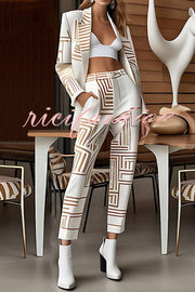 Unique Print Lapel Long-sleeved Suit Jacket and Loose Pocket Pants Set