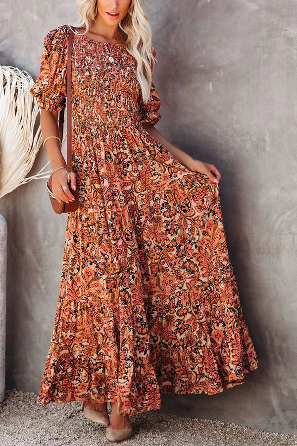 Autumn Grace Smocked Paisley Maxi Dress