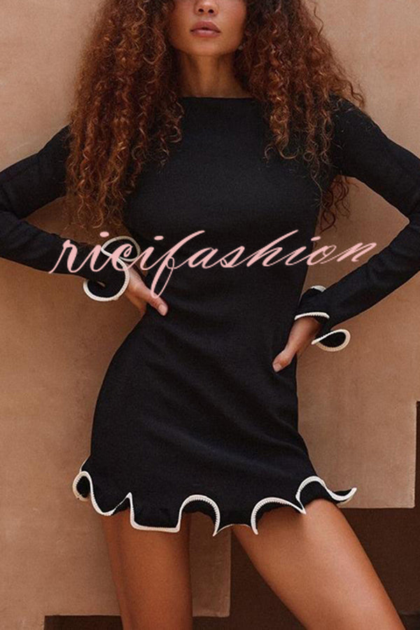 Fashionable Rolled Hem Round Neck Long Sleeve Slim Fit Mini Dress