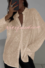 Fashion Sequin Lapel Long Sleeve Loose Shirt