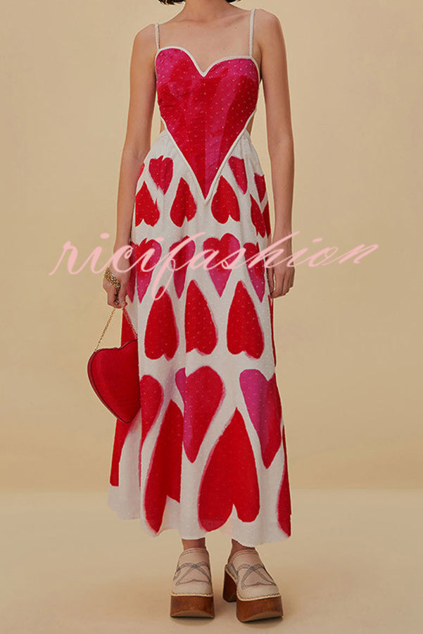 Full of Love Heart Shape Print Cutout Spaghetti Strap Backless Maxi Dress