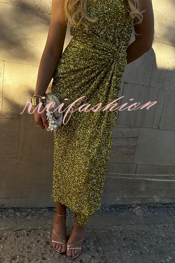 Disco Dancing Queen Sequin Wrap Tie-up Slit Midi Skirt