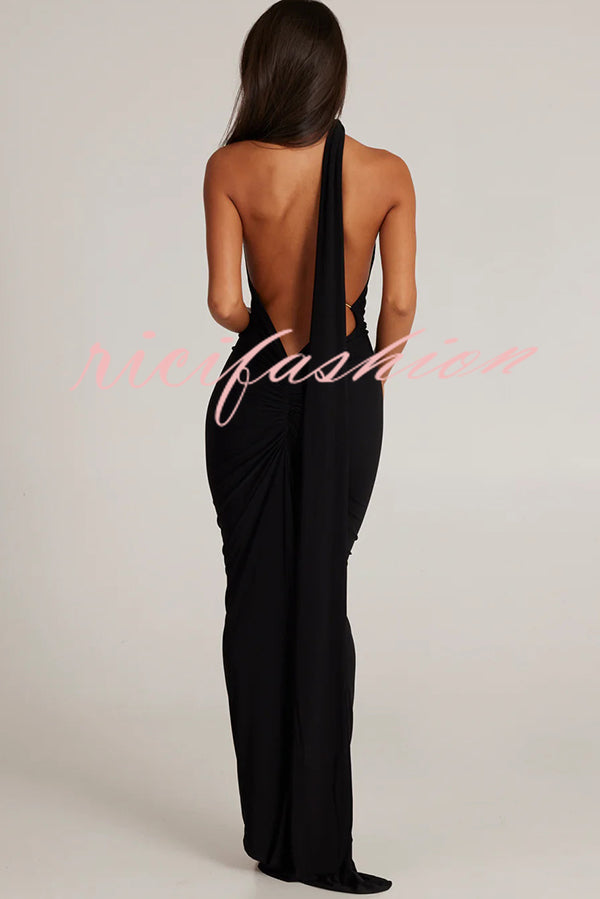 Sexy Backless Pleated Slim Solid Color Sleeveless Elegant Maxi Dress