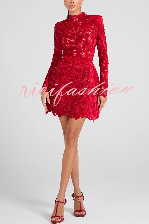 Lydia Embroidered Floral Lace Long Sleeve Belt Tulip Shaped Mini Dress