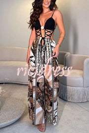 Tulum Dreaming Strap Cross Design Patchwork Printed Elastic Waist Backless Jumpsuit