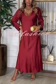 Solid Color V-neck Long-sleeved Loose Draped Maxi Dress