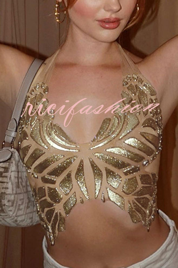 Timeless Beauty Gold Metallic Butterfly Back Lace-up Halter Tank