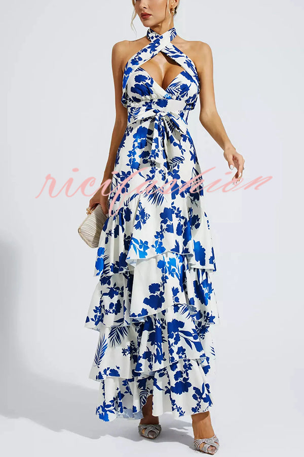 Gorgeous Styling Botanical Print Halter Neck Open Back Tiered Hem Maxi Dress