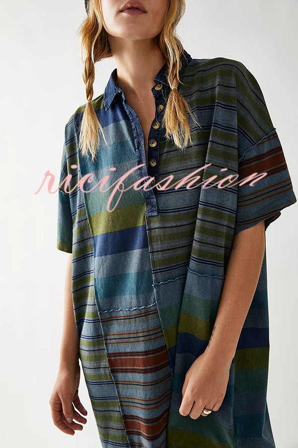 Contrast Striped Patchwork Denim Lapel Loose Casual Mini Dress