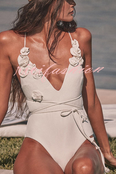 Solid Color Lace-up Flower Decoration Stretch Two-piece Bikini Swimsuit