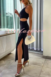 Sexy Partner Asymmetrical Cutouts Slit Stretch Maxi Dress