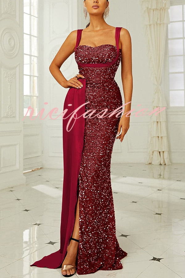 Banquet Sequined Backless Strappy Fishtail Maxi Dress