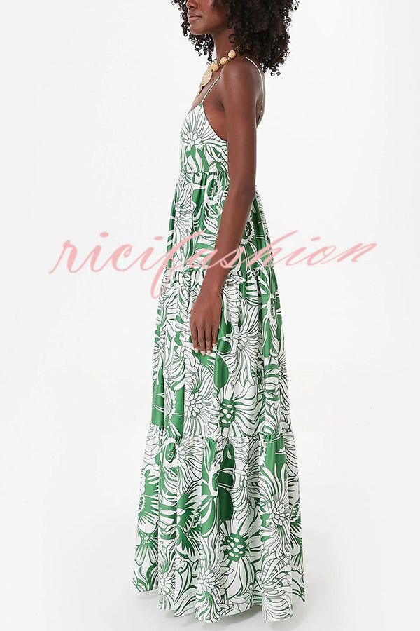 Botanical Floral Print Sexy Sling Backless Maxi Dress