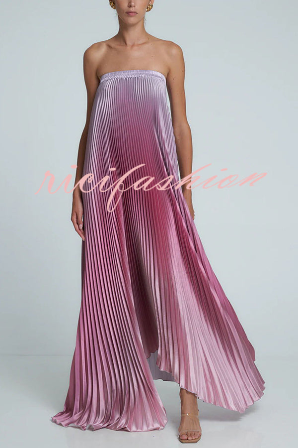 Gorgeous Styling Satin Pleated Elastic Bust Strapless A-line Gown Maxi Dress