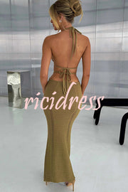 Effortlessly Cool and Sexy Knit Crochet Cutout Halter Tie-up Stretch Maxi Dress