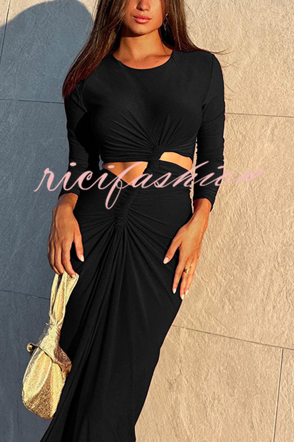 Solid Color Round Neck Long Sleeve Sexy Exposed Waist Slit Maxi Dress