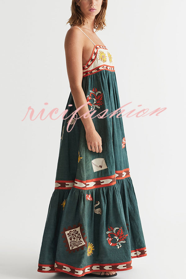 Unique Printed Sexy Suspender Backless Large Hem Maxi Dress