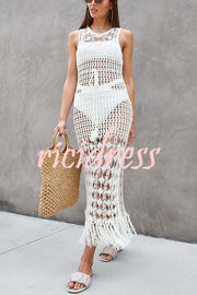 Sunset Cocktail Knit Crochet Tassel Trim Cover-up Maxi Dress