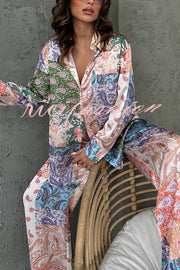 Unique Ethnic Print Long-sleeved Shirt and Elastic Waist Pants Set