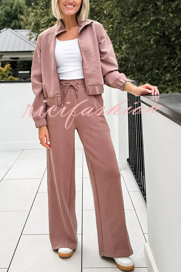 Airy Sleek Full Zip Jacket and High Rise Elastic Waist Pocket Wide Leg Sweatpants Set