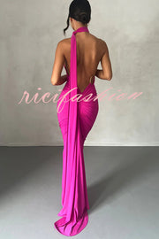 Sexy Backless Pleated Slim Solid Color Sleeveless Elegant Maxi Dress