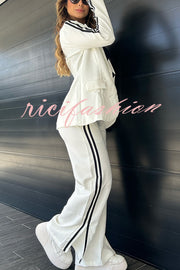 Sporty Mixed Formal Striped Trim Lapel Blazer and Elastic Waist Pocket Loose Pants Set