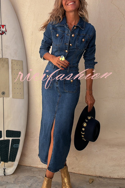 Tessy Denim Metal Button Zipper Shirt Stretch Pencil Slit Midi Dress