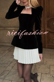 Netta Velvet Square Neck Long Sleeve Back Pearl Detail Pleated Mini Dress