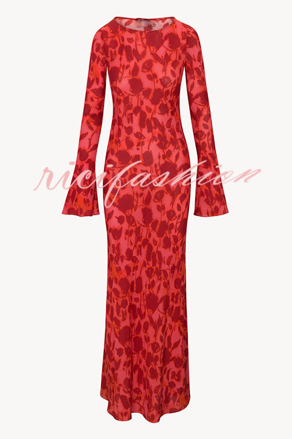 Gia Unique Print Boat Neck Long Bell Sleeve Bias Cut Maxi Dress