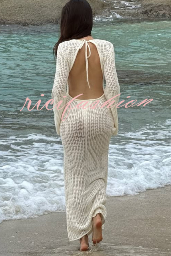 Bahamas Knit Long Bell Sleeve Sexy Backless Holiday Cover-up Maxi Dress