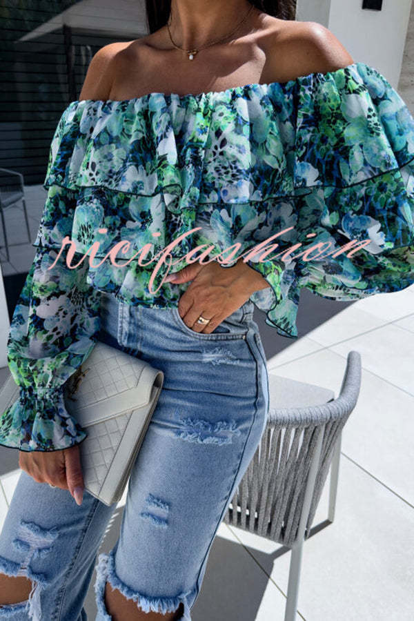 Colorful Botanical Print Sexy Off-shoulder Ruffle Top