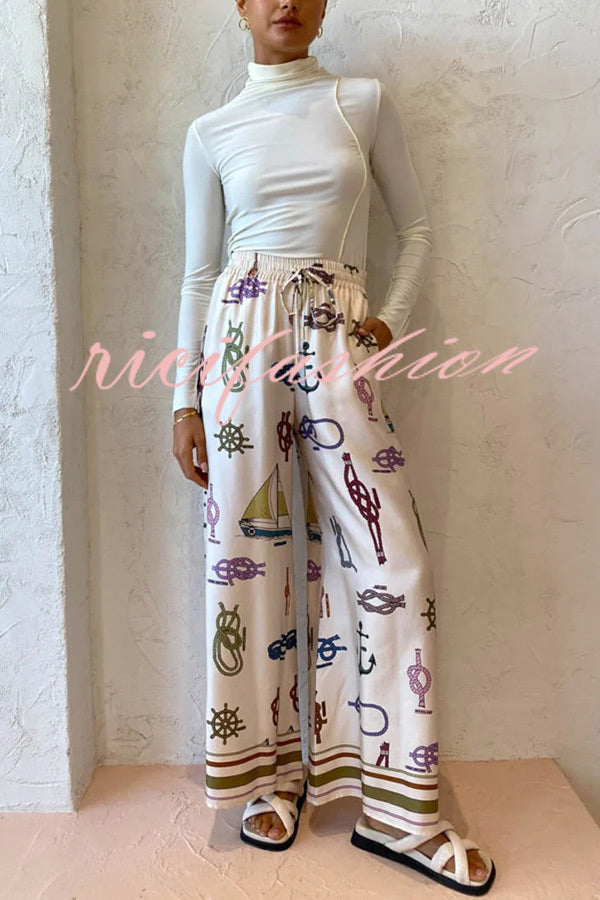 Sail Away Satin Unique Nautical Motifs Print Elastic Waist Pocketed Wide Leg Pants