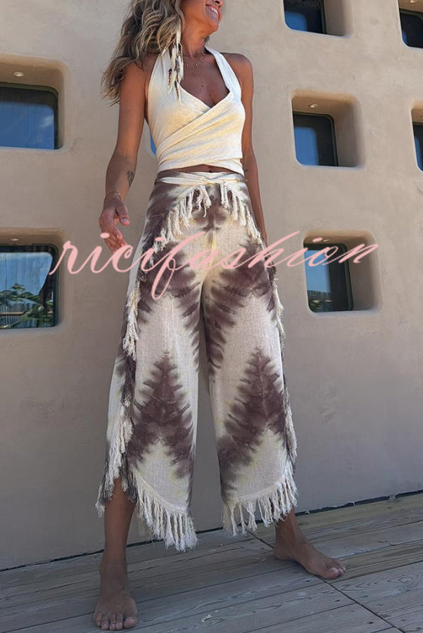 Katy Linen Blend Tie-dye Wrap Tie-up Tassel Trim Pants