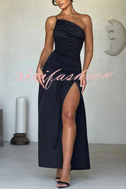 Sexy One-shoulder Strap Gathered Slim Fit Slit Maxi Dress